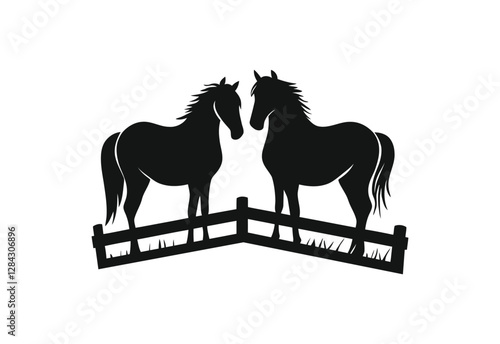 Horse silhouette behind wooden fence paddock vector illustration on white background
