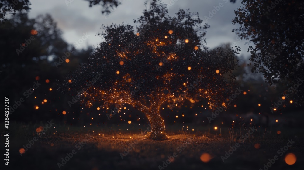 Naklejka premium Luminous Tree with Glowing Spheres in a Dark Outdoors Landscape with Mystical Atmosphere