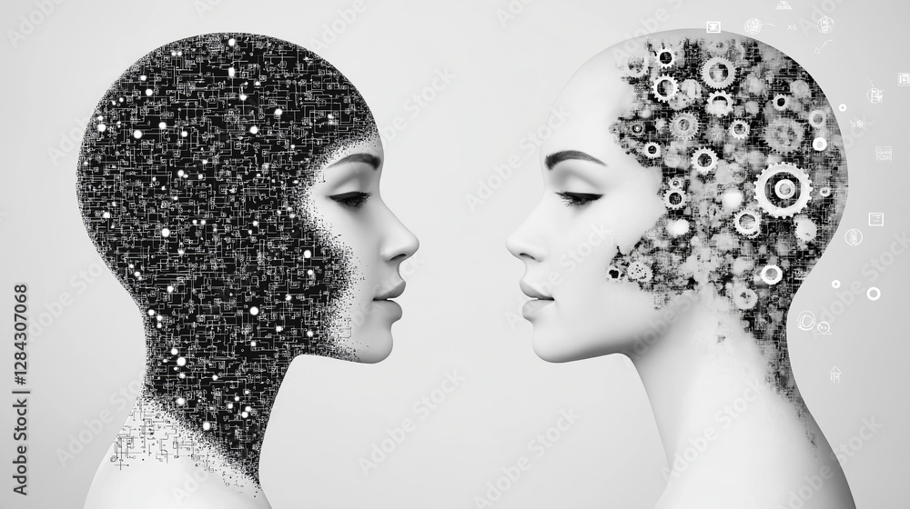 Mind's Dualities: A striking artwork presenting the contrast between two sides of a human mind, one representing darkness and the other, the intricate complexities of the technological world. Mind's Dualities: A striking artwork presenting the contrast between two sides of a human mind, one representing darkness and the other, the intricate complexities of the technological world.