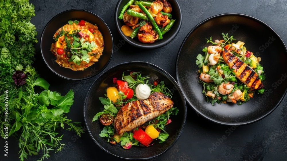 Fresh and Colorful Gourmet Dishes Served on Elegant Black Plates Fresh and Colorful Gourmet Dishes Served on Elegant Black Plates