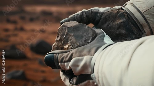Astronaut Collecting Rock on Mars