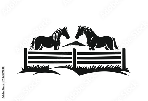 Horse silhouette behind wooden fence paddock vector illustration on white background