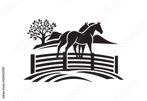 Horse silhouette behind wooden fence paddock vector illustration on white background
