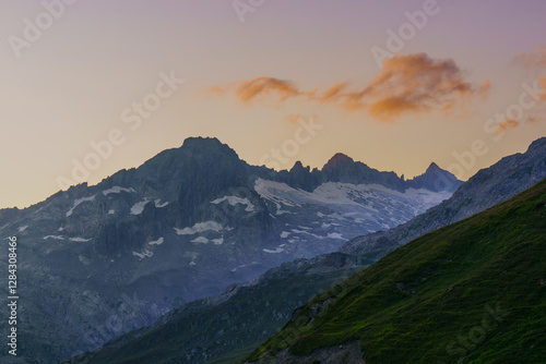 Golden sunset over Furkapass, Swiss Alps – majestic mountain peaks landscape photography photo