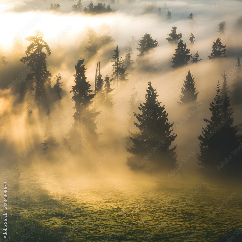 Naklejka premium Ultra-Realistic Foggy Forest with Golden Sunlight – Mystical Nature Scene in High Resolution (1)