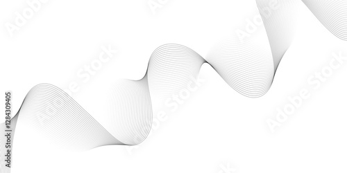 Abstract grey, white smooth element swoosh speed wave modern stream background. Wave with lines created using blend tool. Abstract frequency sound wave lines and twisted curve lines background.

