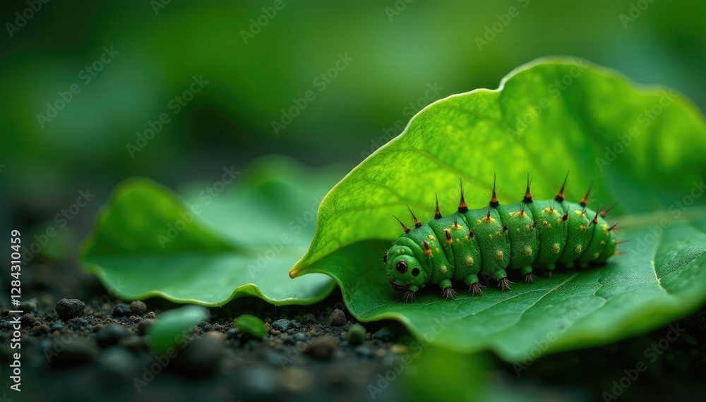 Damaged green leaves with small slits cut into them by caterpillars on the ground, green leaves, caterpillar bites Damaged green leaves with small slits cut into them by caterpillars on the ground, green leaves, caterpillar bites