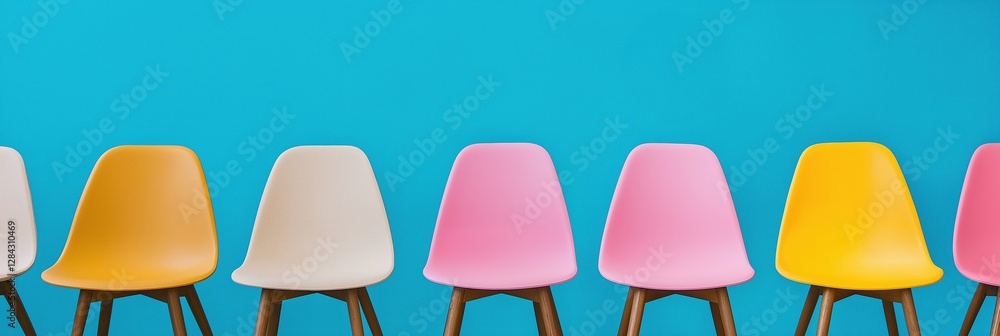 A row of chairs are lined up on a blue wall. The chairs are of different colors, including yellow, pink, and white. The chairs are arranged in a row, with the pink chair in the middle A row of chairs are lined up on a blue wall. The chairs are of different colors, including yellow, pink, and white. The chairs are arranged in a row, with the pink chair in the middle