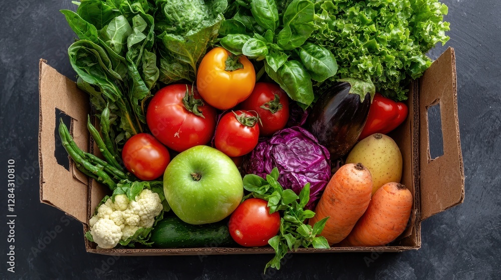 A vibrant assortment of fresh vegetables and fruits arranged in a cardboard box, showcasing a variety of colors and textures. A vibrant assortment of fresh vegetables and fruits arranged in a cardboard box, showcasing a variety of colors and textures.