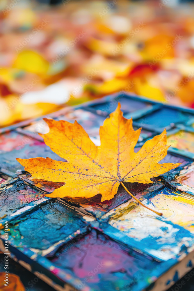 vibrant painter palette adorned with autumn leaf, showcasing earthy tones and colors. scene evokes creativity and nature beauty vibrant painter palette adorned with autumn leaf, showcasing earthy tones and colors. scene evokes creativity and nature beauty