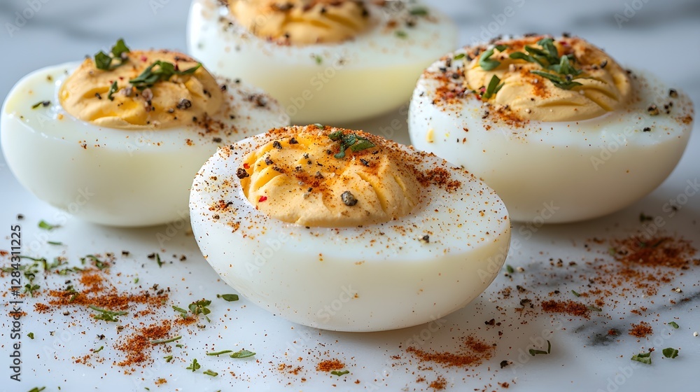 Boiled Eggs on Marble Counter with Spices and Herbs Boiled Eggs on Marble Counter with Spices and Herbs