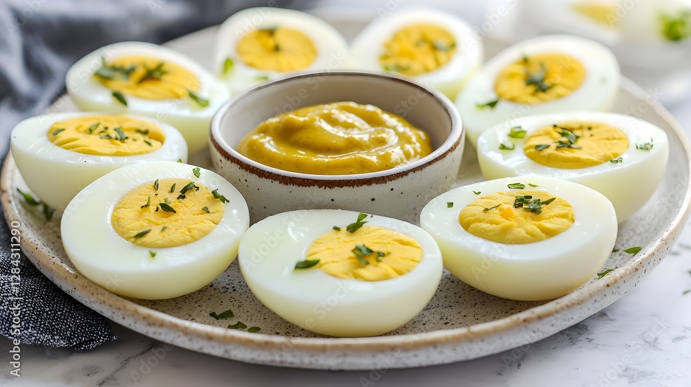 Halved Boiled Eggs Arranged Around Mustard Sauce Bowl for Party Serving Halved Boiled Eggs Arranged Around Mustard Sauce Bowl for Party Serving