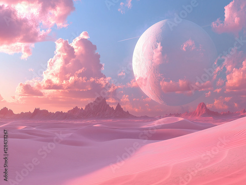 Pink surreal desert landscape, blending realistic details with fantastical elements like the oversized moon and pink tones. It creates a serene and otherworldly atmosphere photo