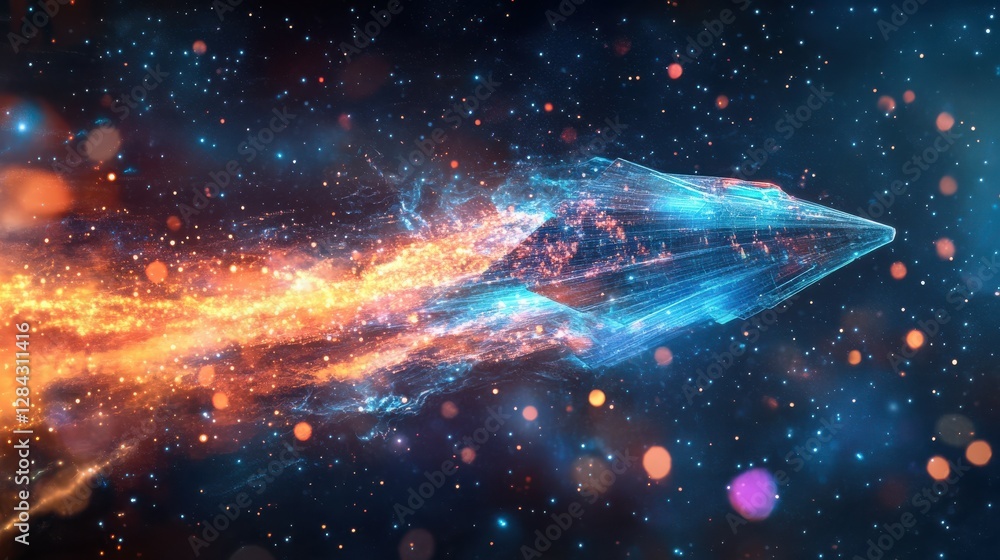 Futuristic spacecraft traveling through space with fiery trail Futuristic spacecraft traveling through space with fiery trail