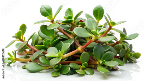 Wallpaper Mural Succulent purslane sprawls on a white transparent background, Dewdrops cling to its red stems. Mediterranean garden blur.   Torontodigital.ca