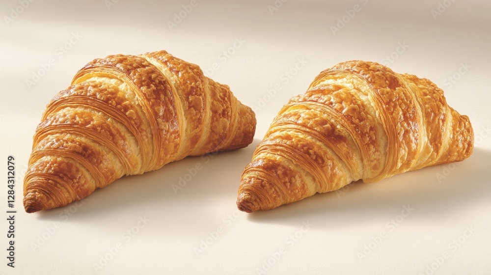 Two Golden Croissants on Textured Beige Surface in Bright Studio Lighting Two Golden Croissants on Textured Beige Surface in Bright Studio Lighting