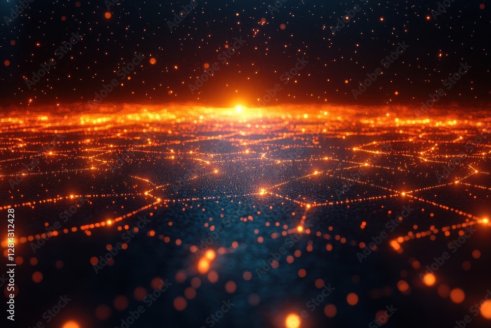 Obraz premium Bright connections of a digital network glowing under a cosmic horizon at dusk