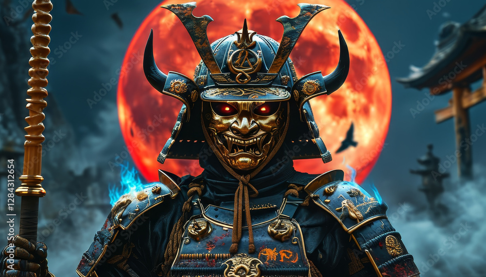 Obraz premium Towering Oni Warrior Warlord Beneath the Blood Moon, black-and-gold samurai armor, golden mask, glowing red crimson, ivory horns, Oni Demon, Troll, ogre, Japanese folklore mythology