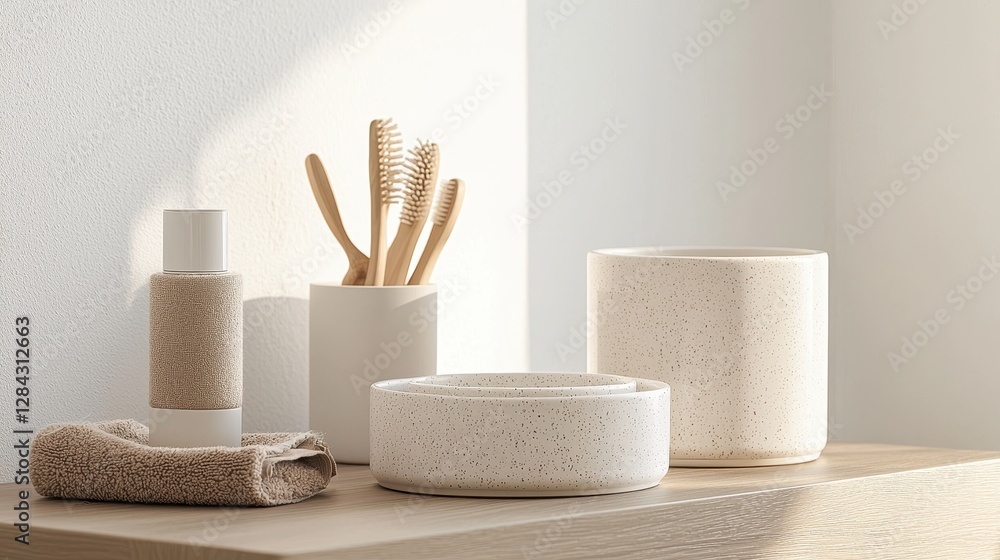 Naklejka premium A serene display of minimalist bathroom accessories, featuring neutral tones and natural materials, creating a calming atmosphere.