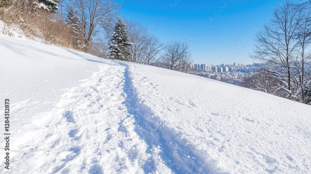 Snowy hillside path leading to city view Snowy hillside path leading to city view