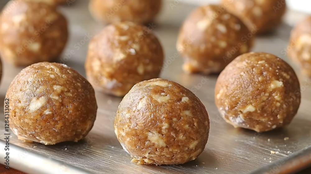 Heap of Mouthwatering Golden Cookie Dough Balls on Baking Sheet Heap of Mouthwatering Golden Cookie Dough Balls on Baking Sheet
