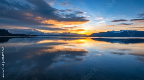 Serene sunset reflection over calm water body with mountains in the background : Generative AI photo