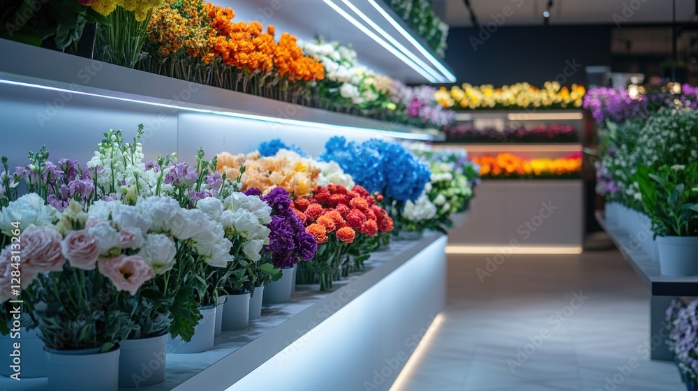 Fototapeta premium A stunning array of vibrant flower bouquets fills the counter of a contemporary floral shop illuminated by gentle lighting