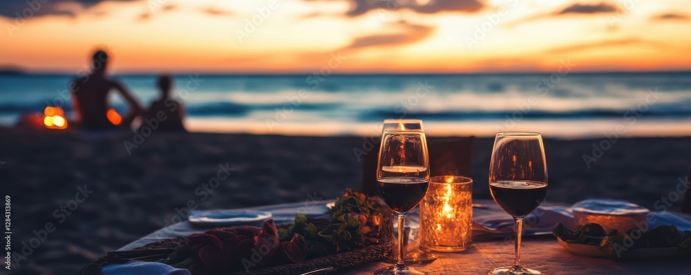 Naklejka premium Romantic beach dinner at sunset with wine and candles by ocean