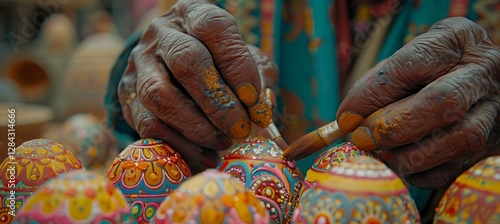 Close up of hands skillfully painting intricate and colorful designs on festive easter eggs photo