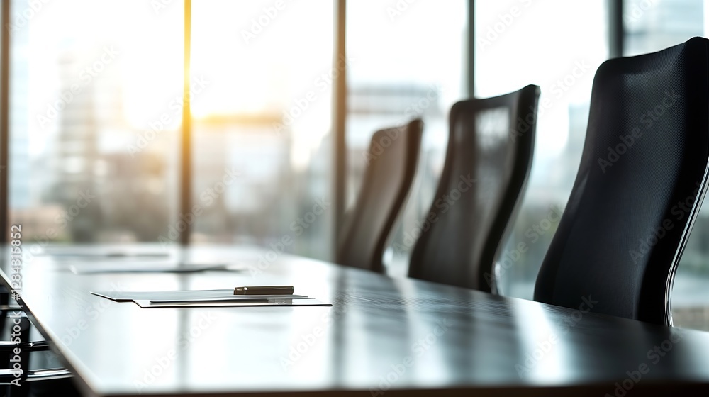 Modern conference room featuring a sleek table with stylish chairs and a bright sunlit view out the windows : Generative AI Modern conference room featuring a sleek table with stylish chairs and a bright sunlit view out the windows : Generative AI