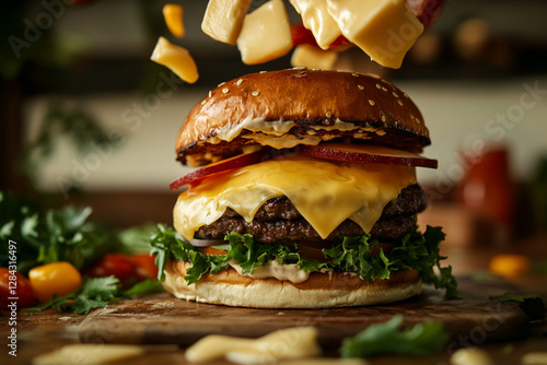 Epic burger in motion with falling cheese slices and fresh vegetables photo