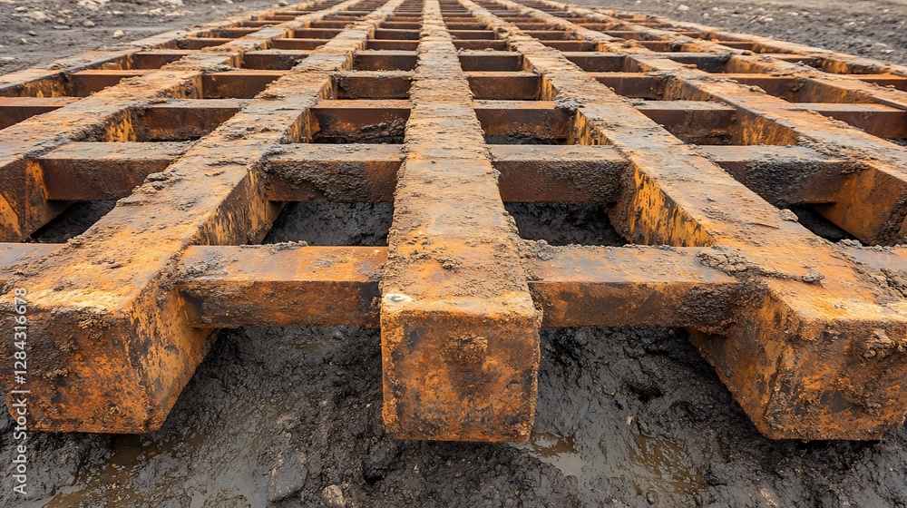 A close up view of a rusty metal grid structure A close up view of a rusty metal grid structure