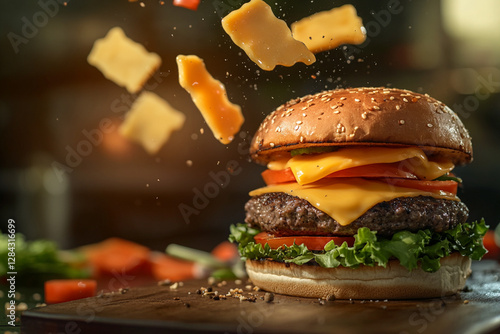 Epic burger in motion with falling cheese slices and fresh vegetables photo