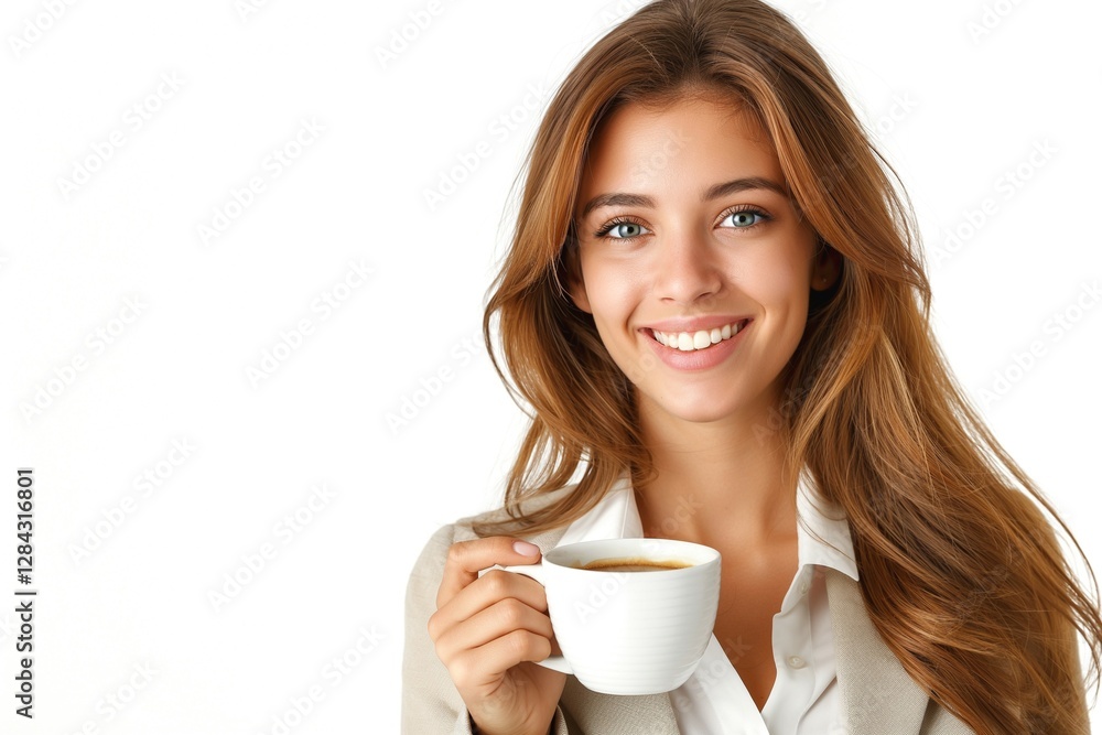 Smiling young Caucasian woman enjoys her coffee, showcasing confidence and warmth in a bright, minimalist setting. Smiling young Caucasian woman enjoys her coffee, showcasing confidence and warmth in a bright, minimalist setting.