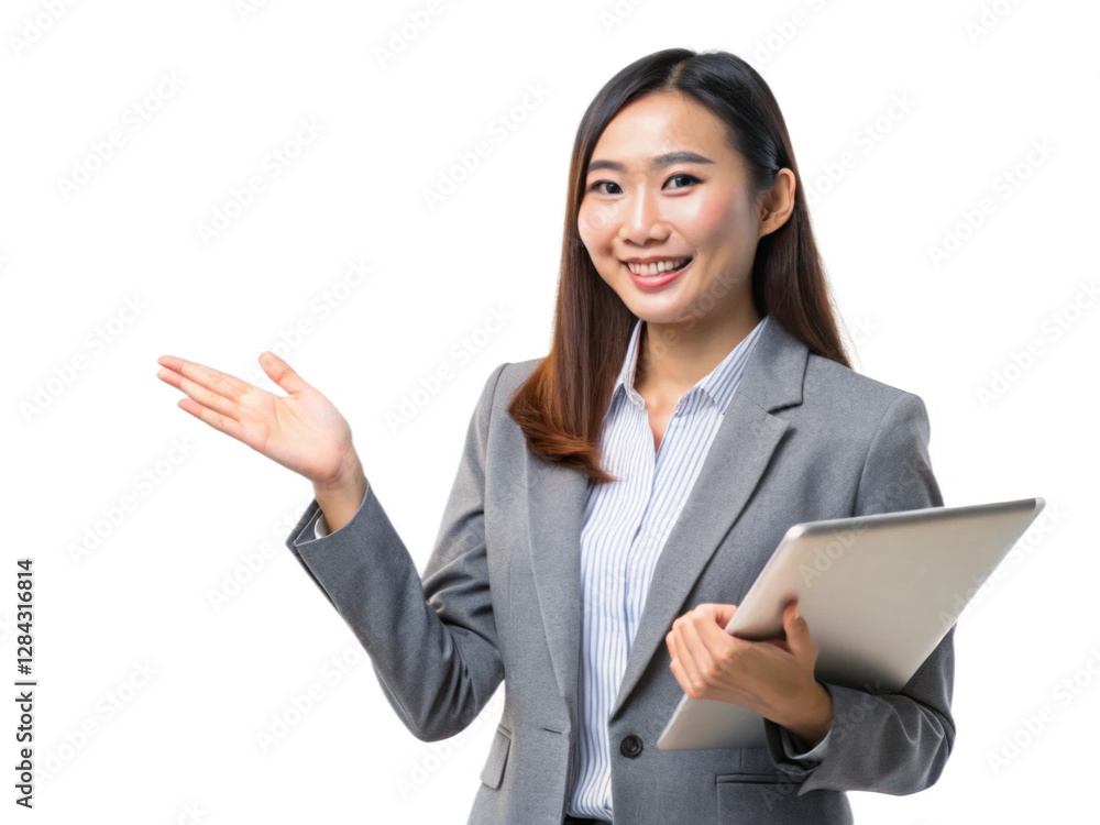 Portrait of Dynamic Young Asian Businesswoman Giving a Presentation isolated on a transparent background. Portrait of Dynamic Young Asian Businesswoman Giving a Presentation isolated on a transparent background.