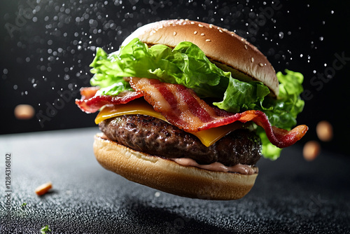 Flying burger with bacon, lettuce and patty on black background photo