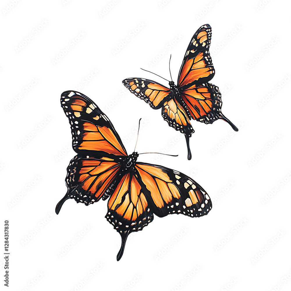 Obraz premium Monarch Butterflies in Flight PNG Against Transparent Background for Nature Art, Wildlife Conservation, or Elegant Designs
