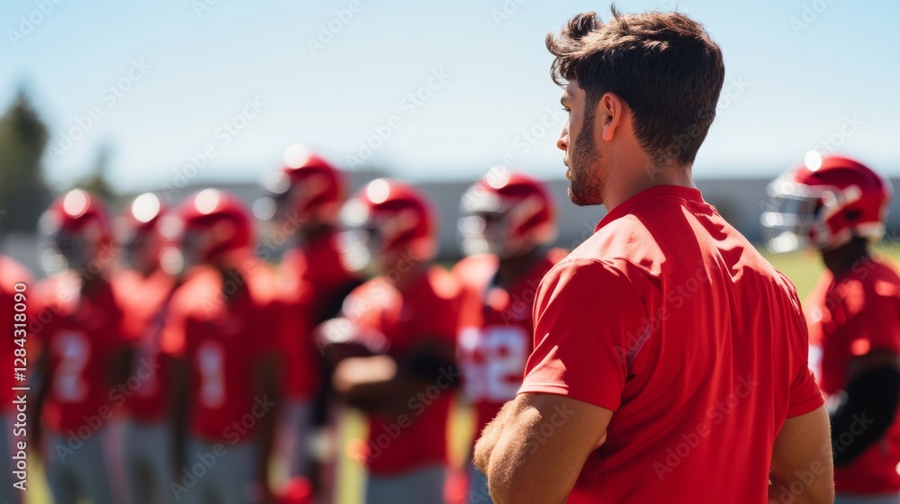 Fototapeta premium Quarterback training on a field with focus on teamwork and communication. Featuring leadership and strategy