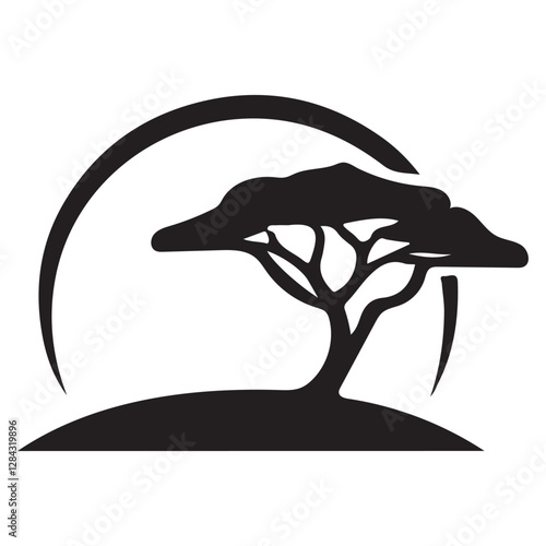 A captivating graphic silhouette of an acacia tree on a savanna landscape portraying nature icon