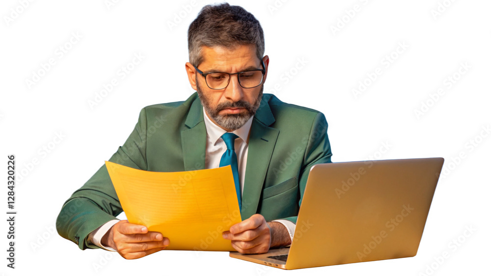 Portrait of Serious Businessman Reviewing Documents isolated on a transparent background. Portrait of Serious Businessman Reviewing Documents isolated on a transparent background.