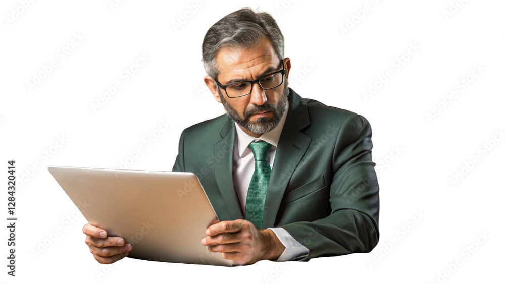 Portrait of Serious Businessman Reviewing Documents isolated on a transparent background. Portrait of Serious Businessman Reviewing Documents isolated on a transparent background.