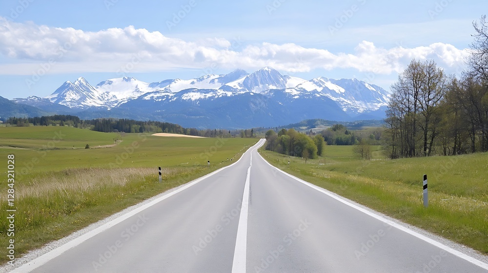 Fototapeta premium Winding road leading through green fields and mountains under clear blue sky providing scenic journey : Generative AI