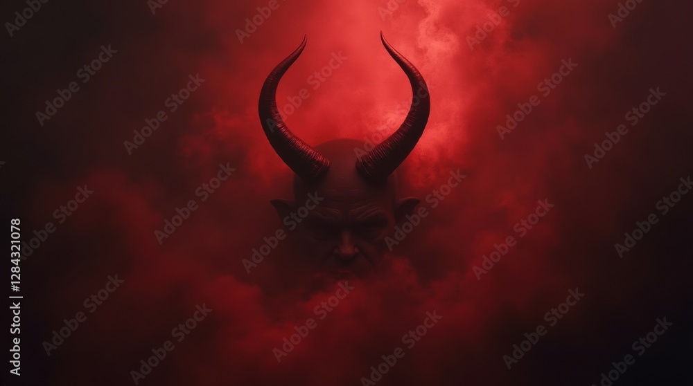 Obraz premium Devil horns emerging from darkness, glowing in red, surrounded by smoky atmosphere, symbolizing danger and chaos.