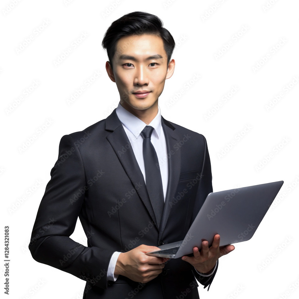 Portrait of Young Asian Entrepreneur Holding a Laptop isolated on a transparent background. Portrait of Young Asian Entrepreneur Holding a Laptop isolated on a transparent background.