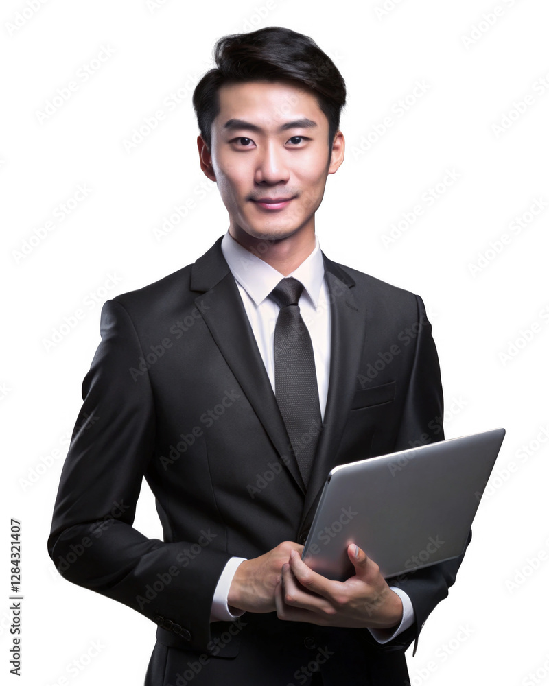 Portrait of Young Asian Entrepreneur Holding a Laptop isolated on a transparent background. Portrait of Young Asian Entrepreneur Holding a Laptop isolated on a transparent background.