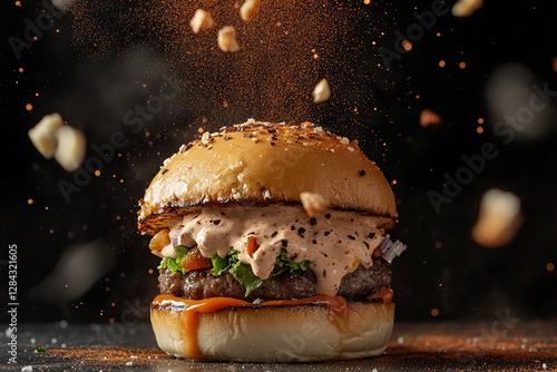 Explosion of taste: burger with juicy ingredients at the moment of falling photo