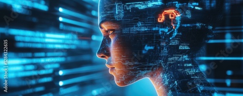 Futuristic female profile with digital circuitry and neon lights
