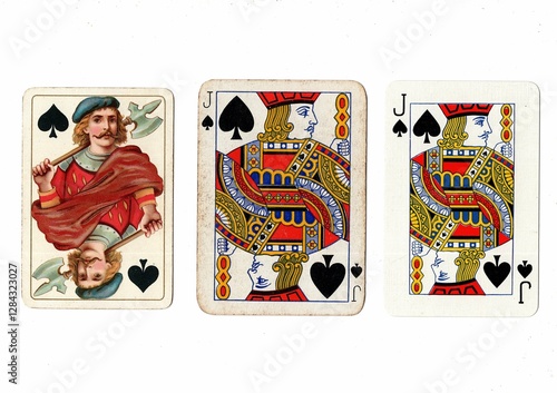 Vintage playing cards in three different designs showing the same value. photo