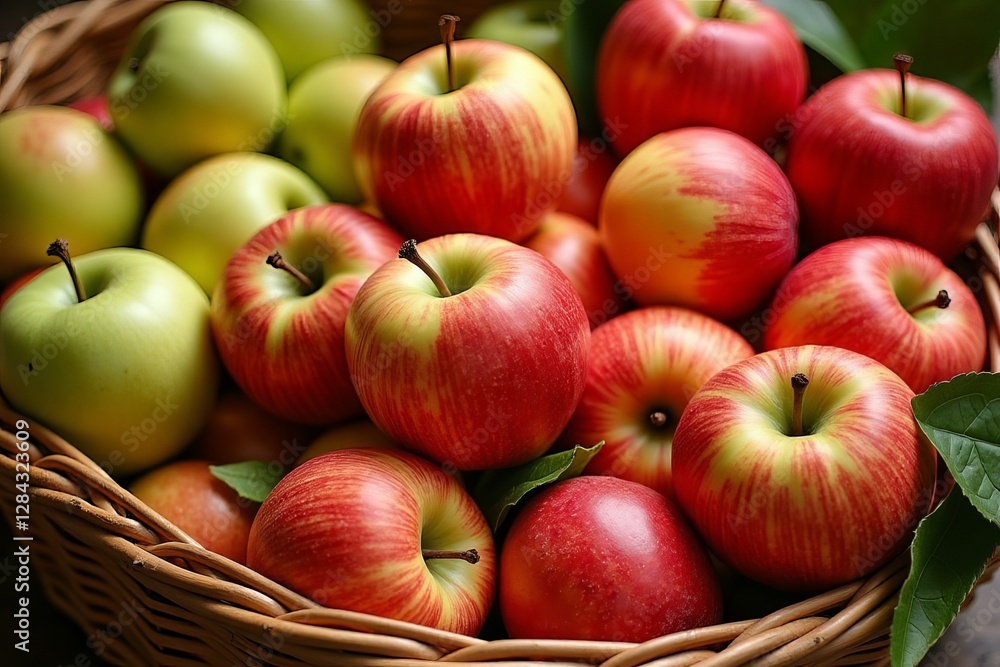 Freshly harvested apples in various colors displayed in a rustic wicker basket Freshly harvested apples in various colors displayed in a rustic wicker basket