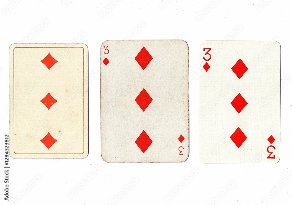 Obraz premium Vintage playing cards in three different designs showing the same value.